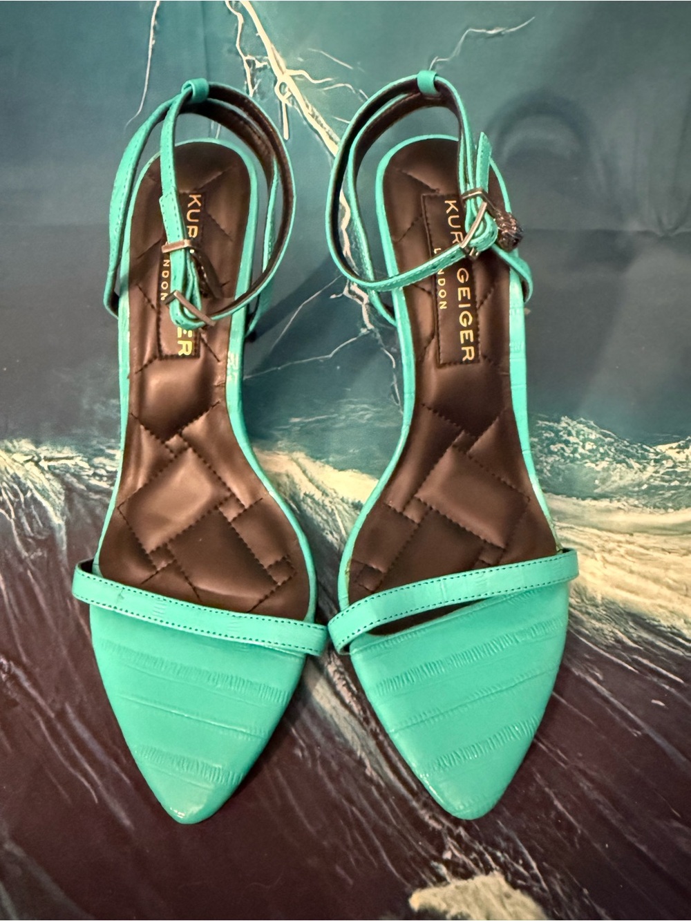 Kurt Geiger Teal Pointed-Toe Ankle-Strap Heels with Single Toe Strap